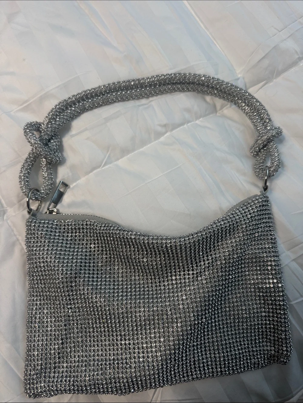 Silver Crystal Mesh Shoulder Clutch with Knotted Strap